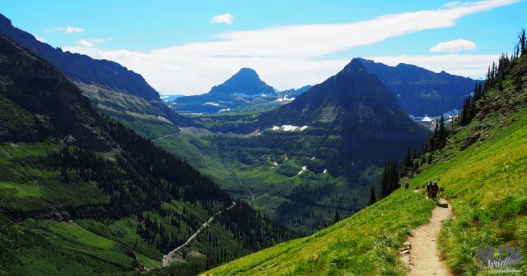 Beautiful mountain scene with a hiking trail at Glacier National Park
