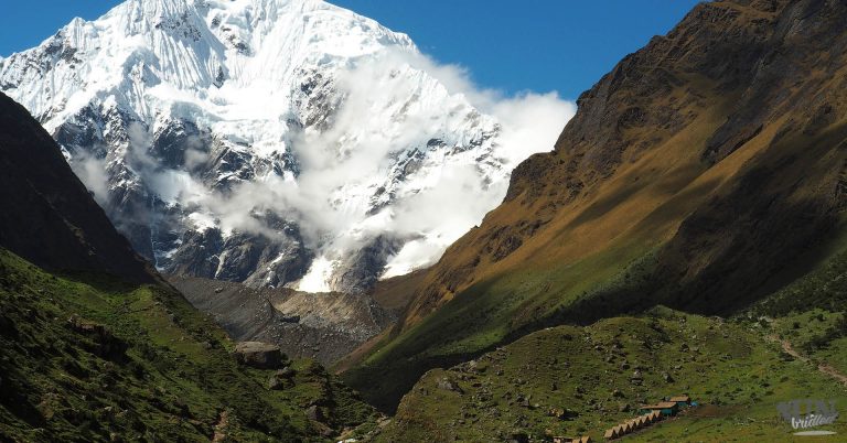 View of the first camp and Mount Salkantay from the Salkantay Trek to Machu Picchu